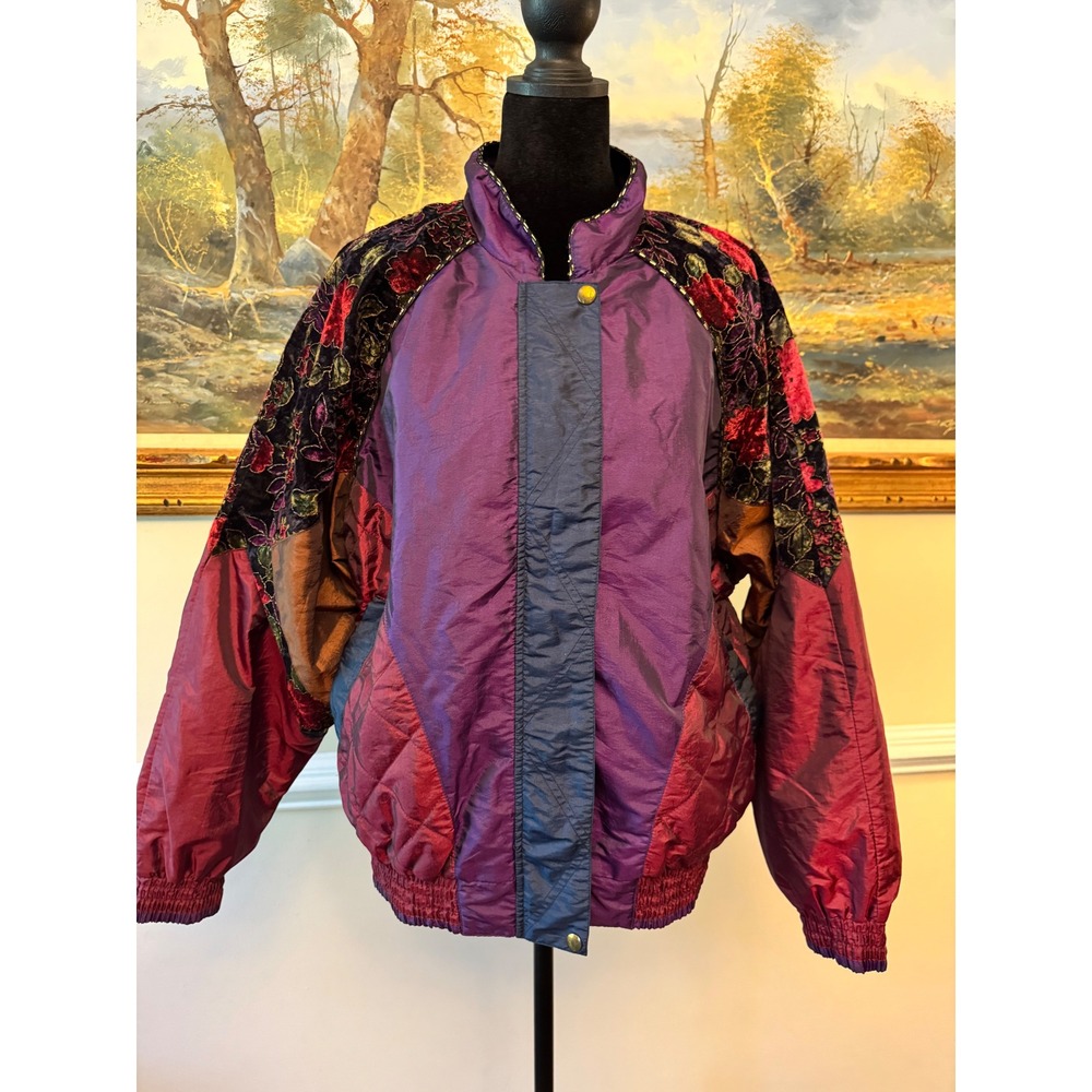 Vintage Jewel tone Colorblock Windbreaker Jacket Purple Floral Velvet 90s Sz S